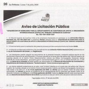 Aviso de Licitación Pública No. TSC-001-2025-GAF