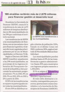 186 alcaldías recibirán más de L1,679 millones para financiar gestión al desarrollo local