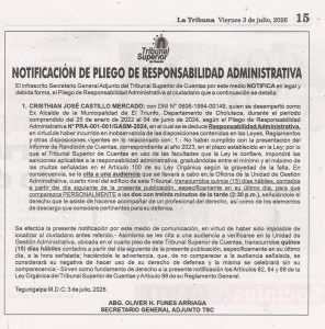 Notificación de Pliego de Responsabilidad Administrativa