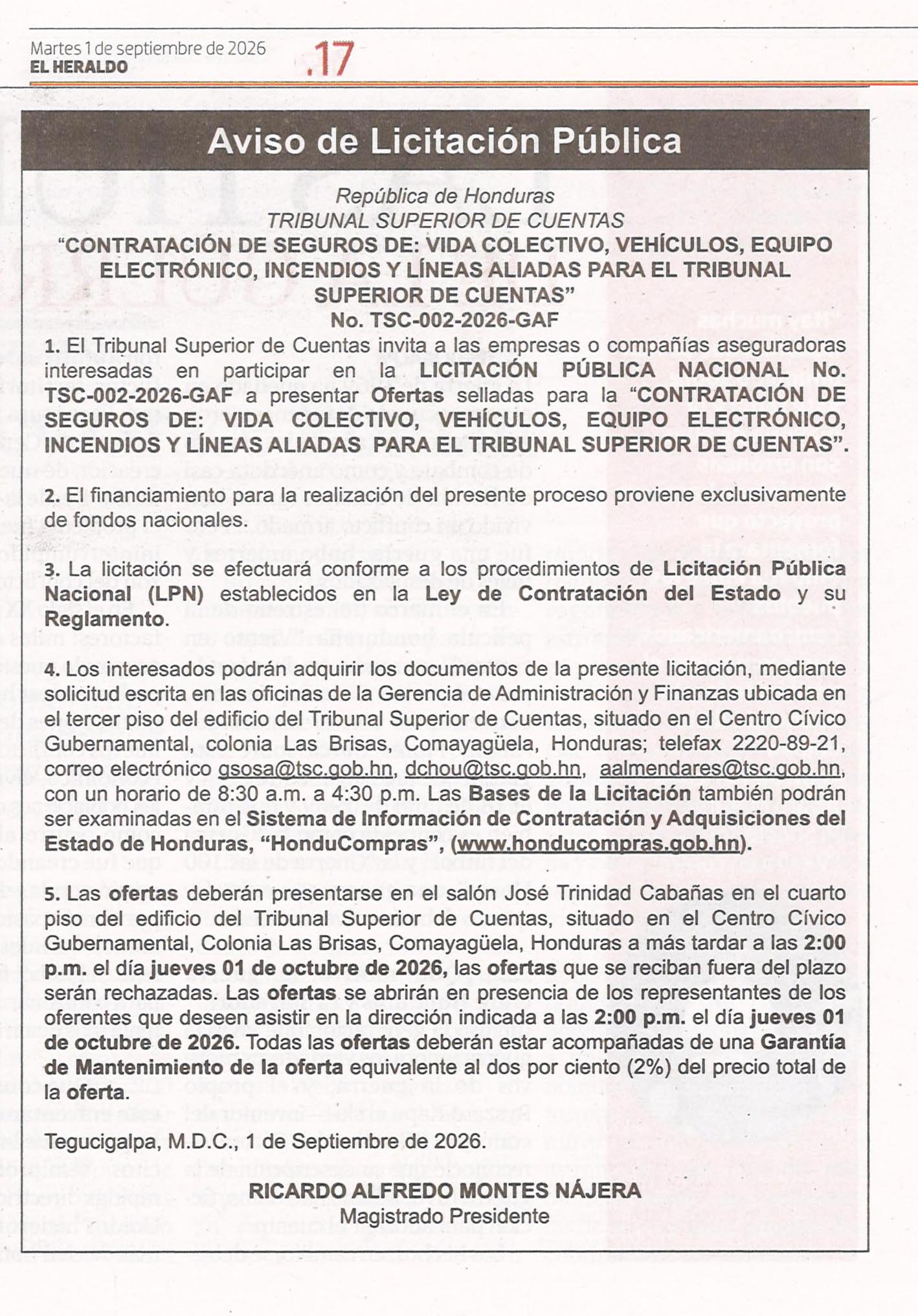 Licitación para seguros del TSC.