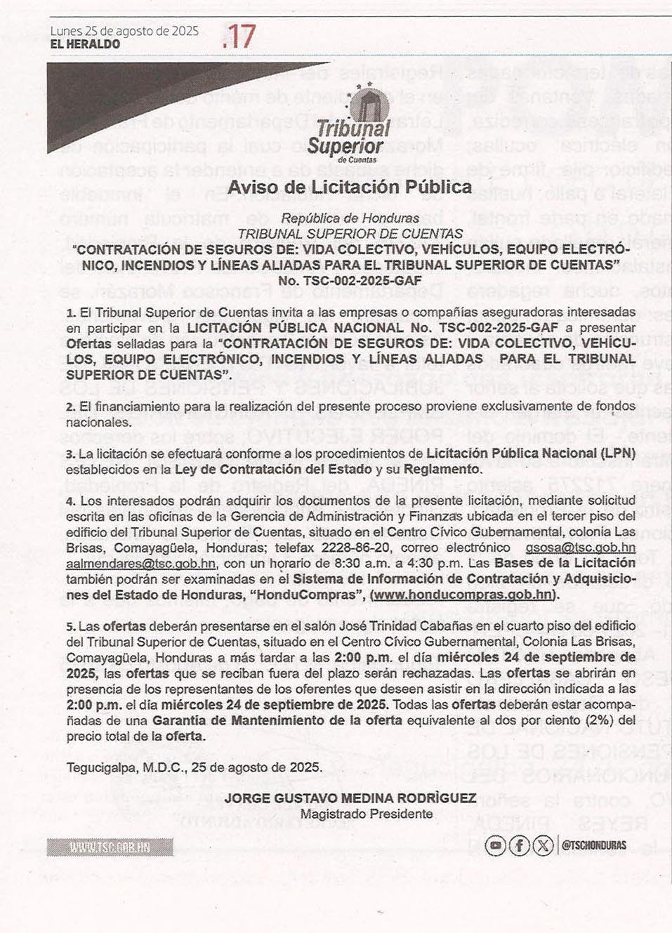 Licitación No. TSC-002-2025-GAF