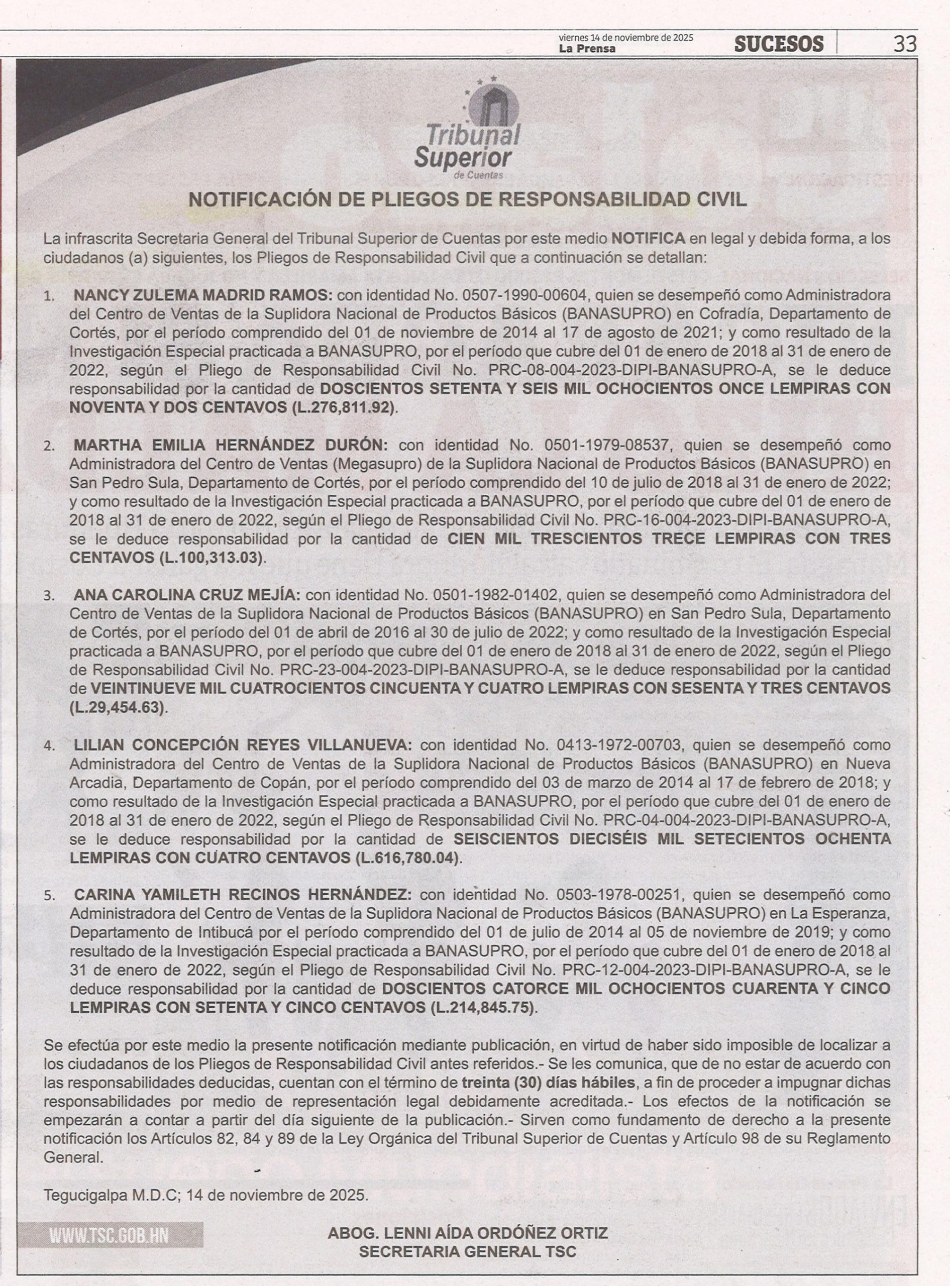 Notificación de Pliegos de Responsabilidad Civil - La Prensa