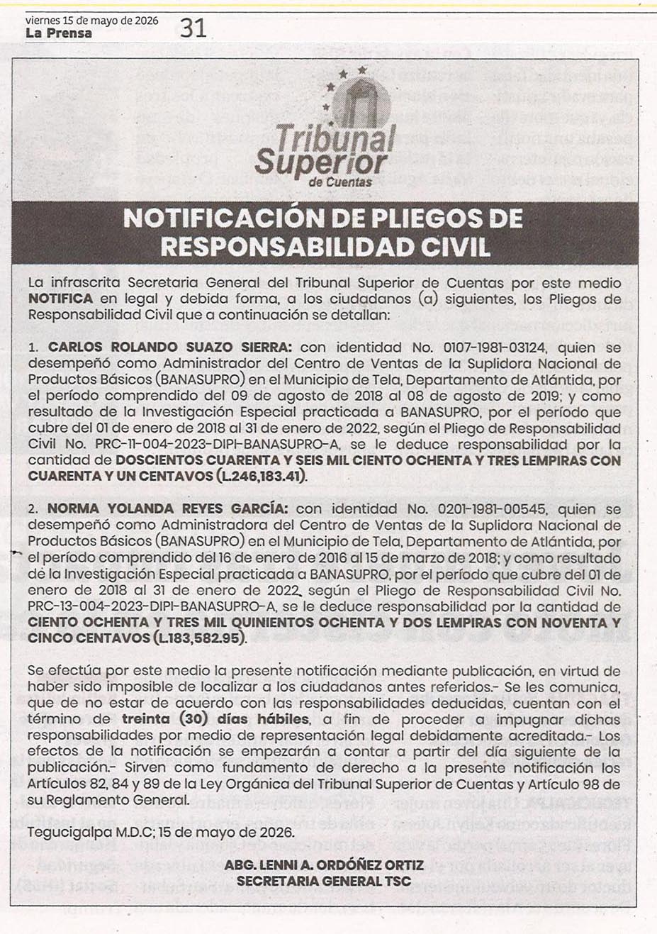 Notificación de Pliegos de Responsabilidad Civil
