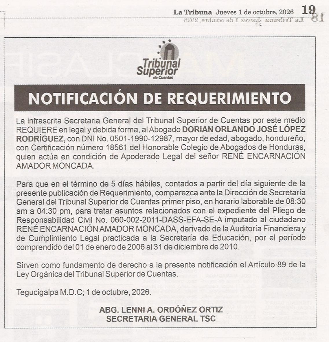 Notificación de Requerimiento