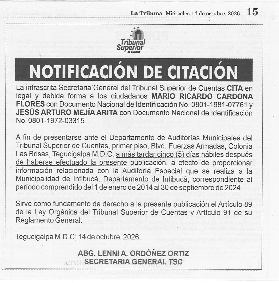 Notificación TSC