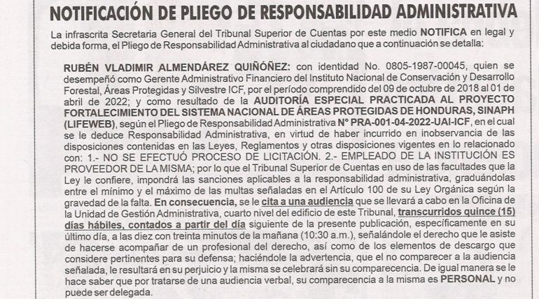 Notificación de Pliego de Responsabilidad Administrativa