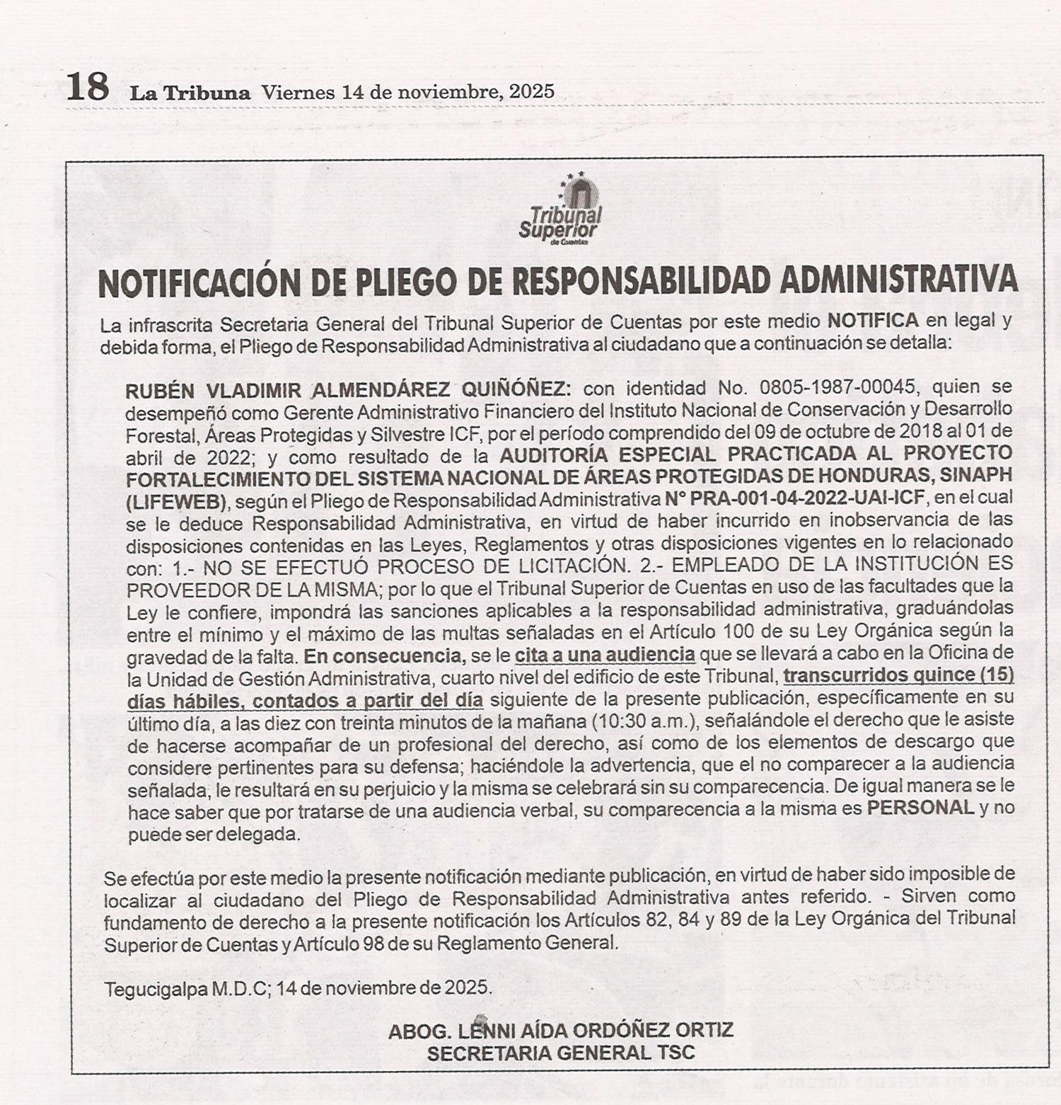 Notificación de Pliego de Responsabilidad Administrativa