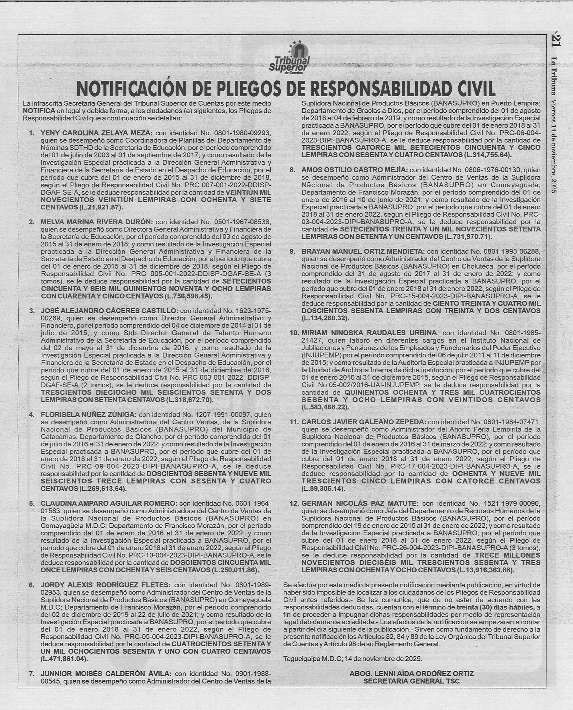 Notificación de Pliegos de Responsabilidad Civil - La Tribuna