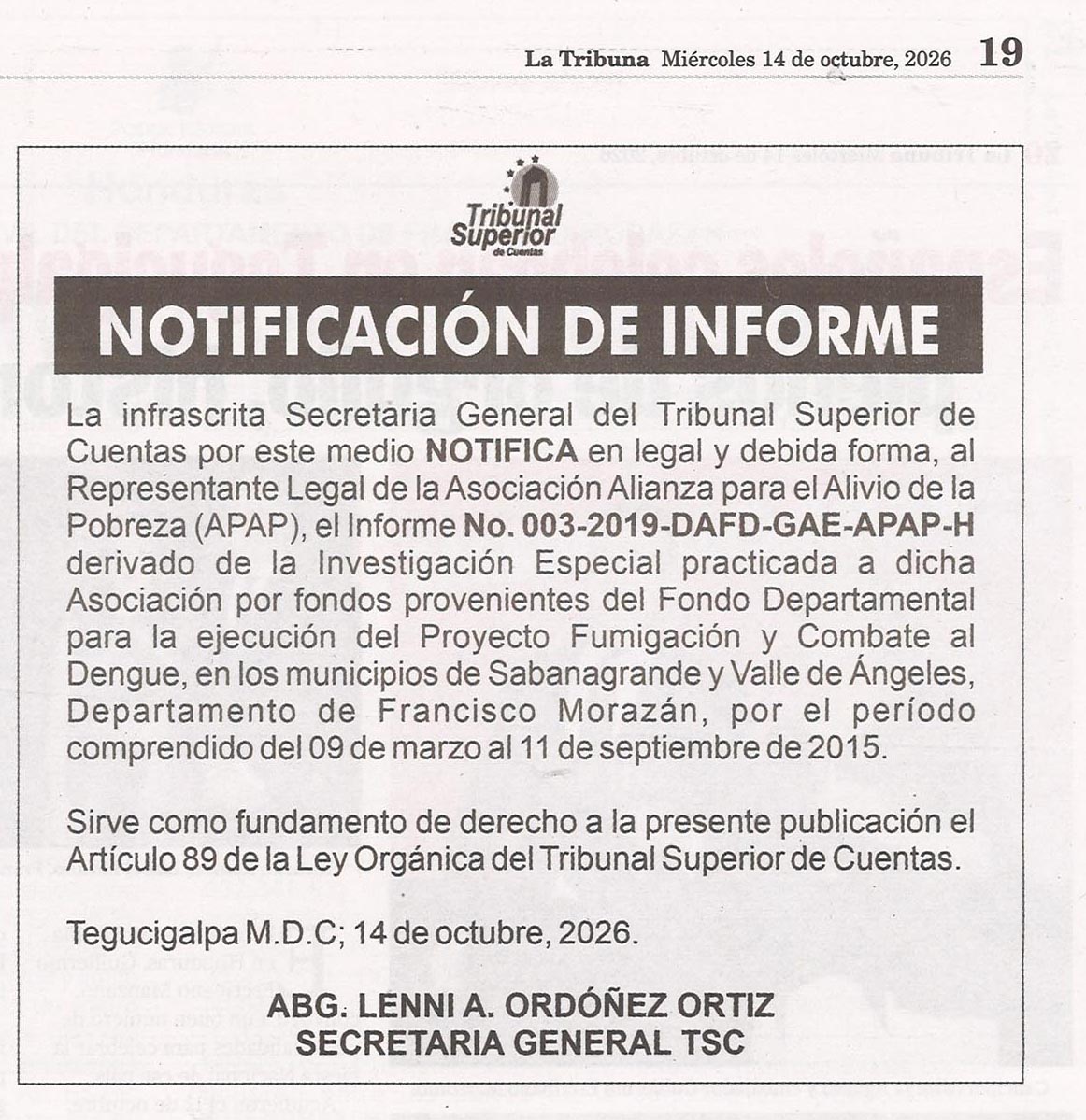 Notificación de SG de informe