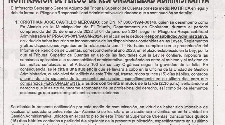 Notificación de Pliego de Responsabilidad Administrativa.