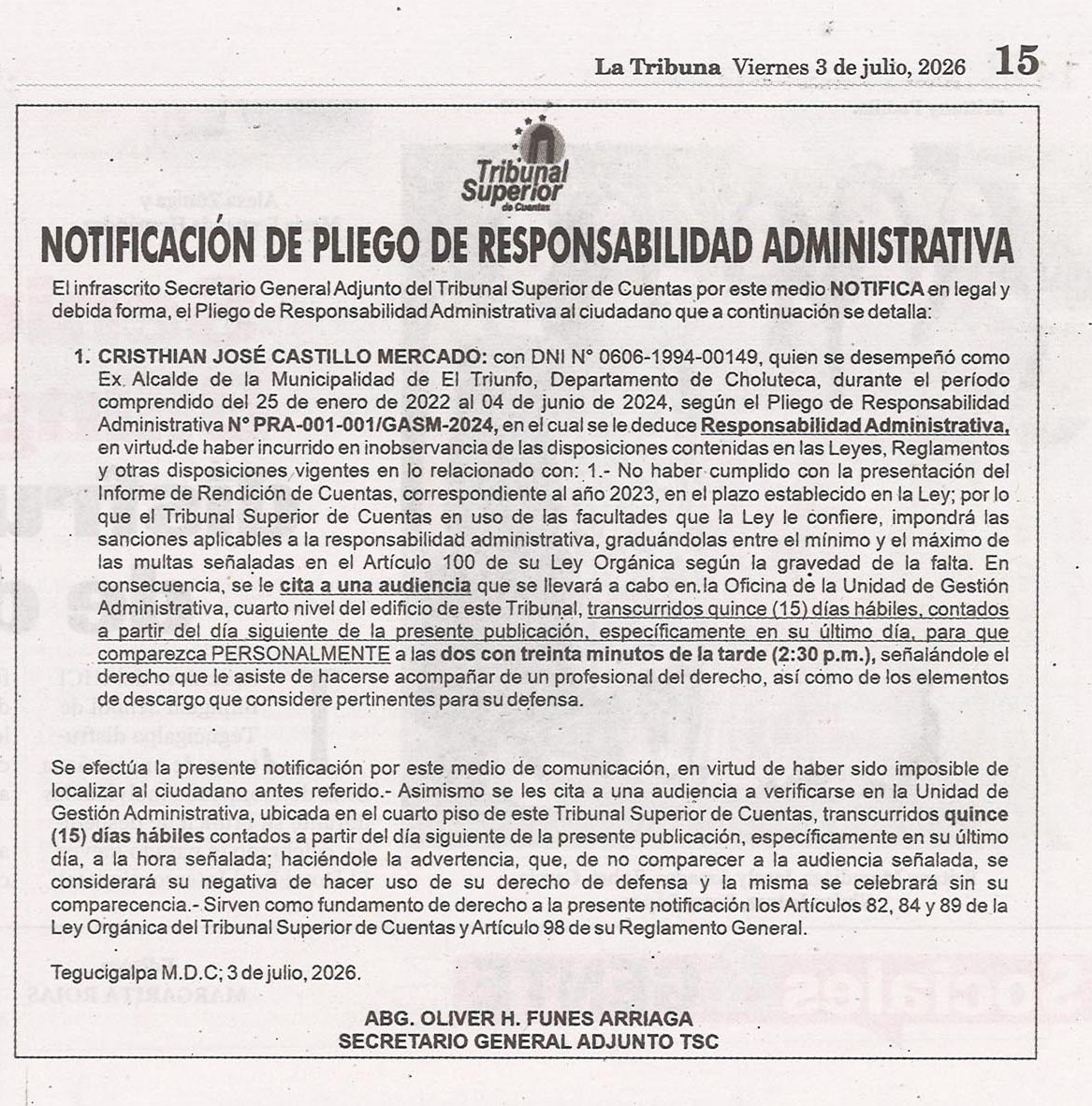 Notificación de Pliego de Responsabilidad Administrativa.