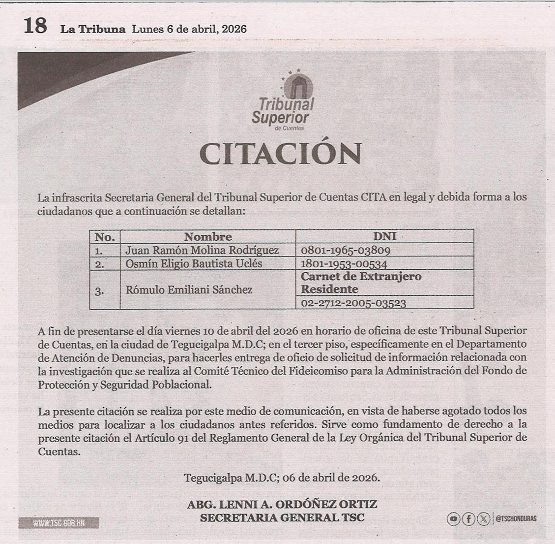 Citación en Legal y debida forma a ciudadanos