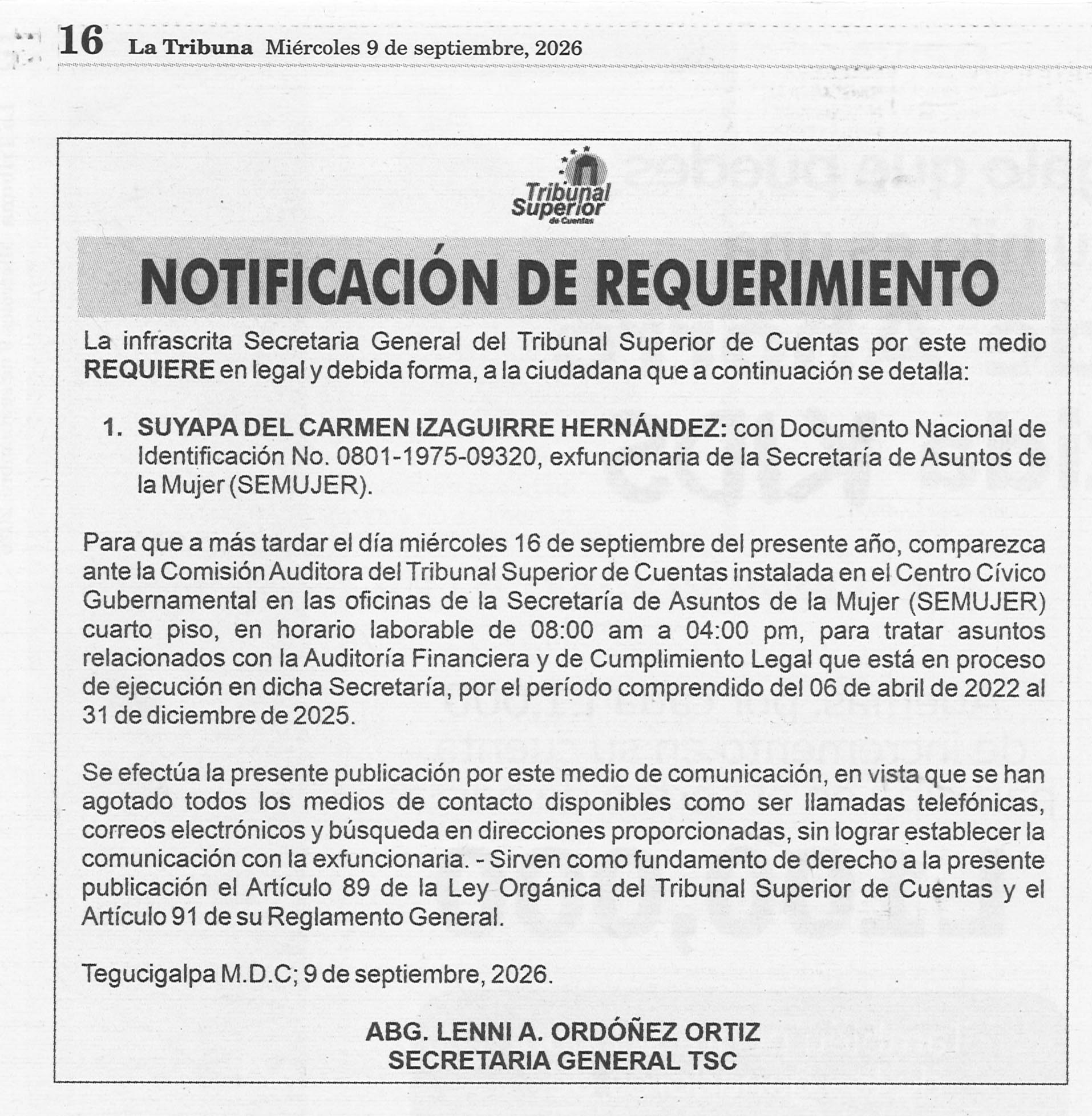 Notificación de requerimiento