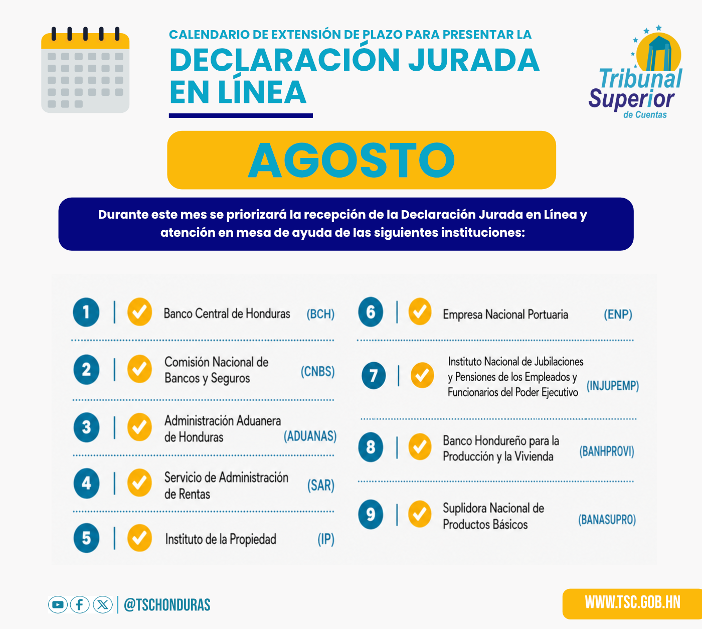 Instituciones declarantes mes de agosto 2026